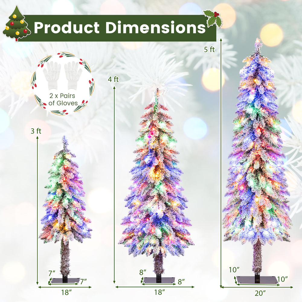 Three sizes of artificial Christmas trees with snow-flocked branches and multi-color LED lights for festive decoration.