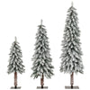 Set of 3 artificial Christmas trees with snow-flocked branches, featuring multi-color LED lights for festive decor.