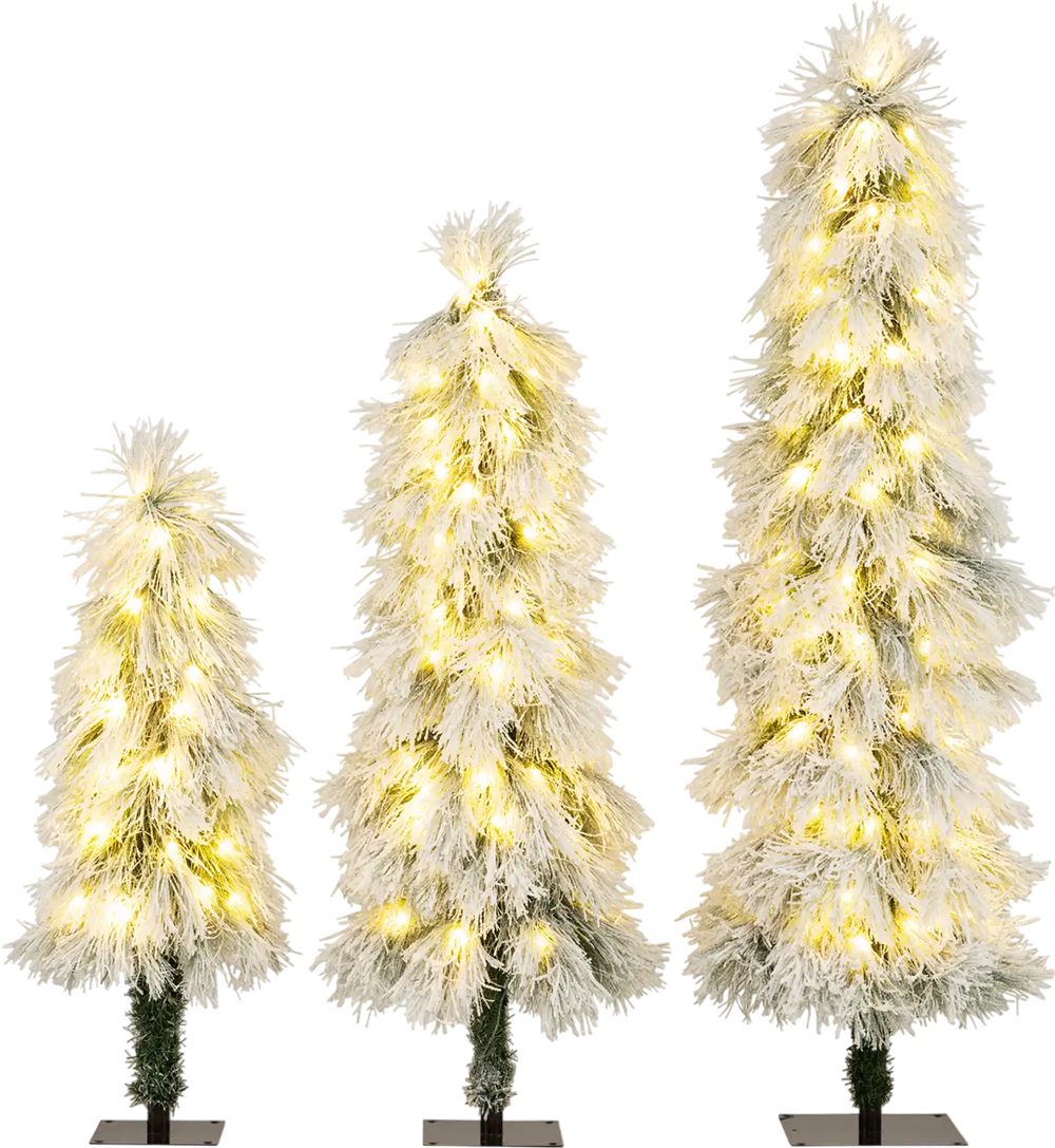 Artificial Christmas Tree Set of 3 with Snow-flocked Branch Tips and LED Lights
