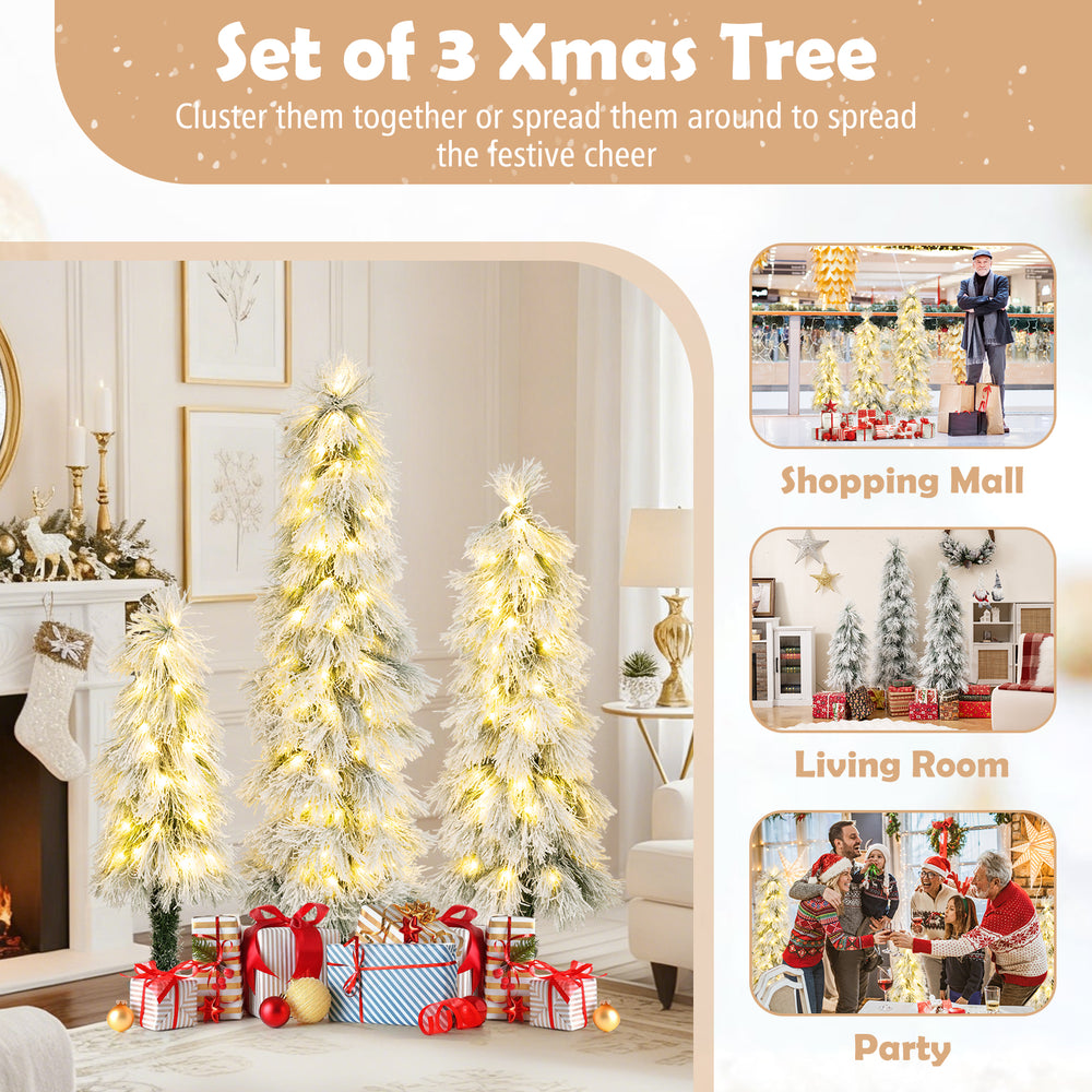Set of 3 artificial Christmas trees with snow-flocked tips and warm white LED lights, perfect for holiday decoration.