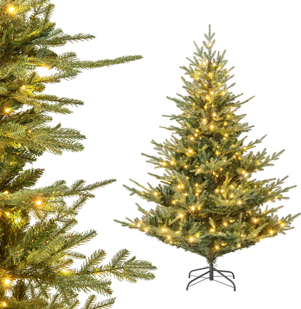 6-foot artificial Christmas tree with 350 warm white LED lights and realistic branch tips, perfect for holiday.