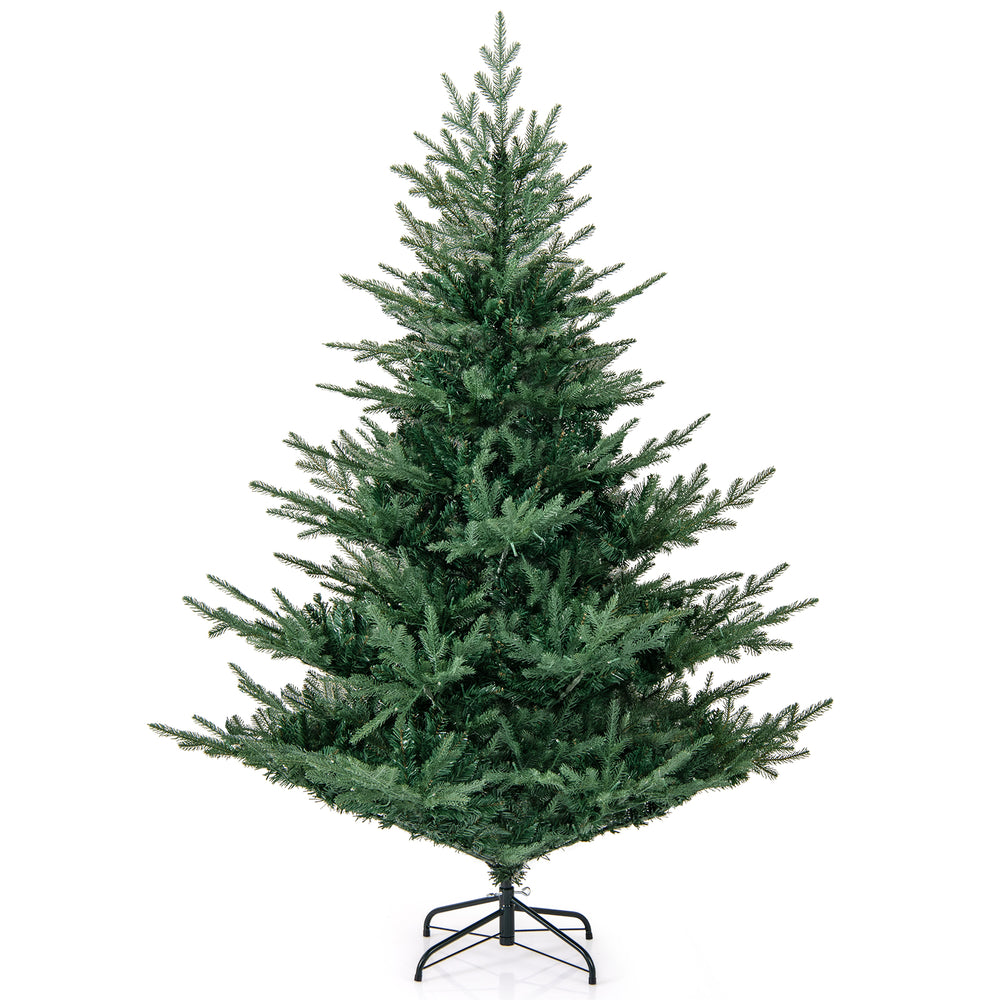 6-foot artificial Christmas tree with 830 realistic branch tips and warm white LED lights, perfect for holiday.