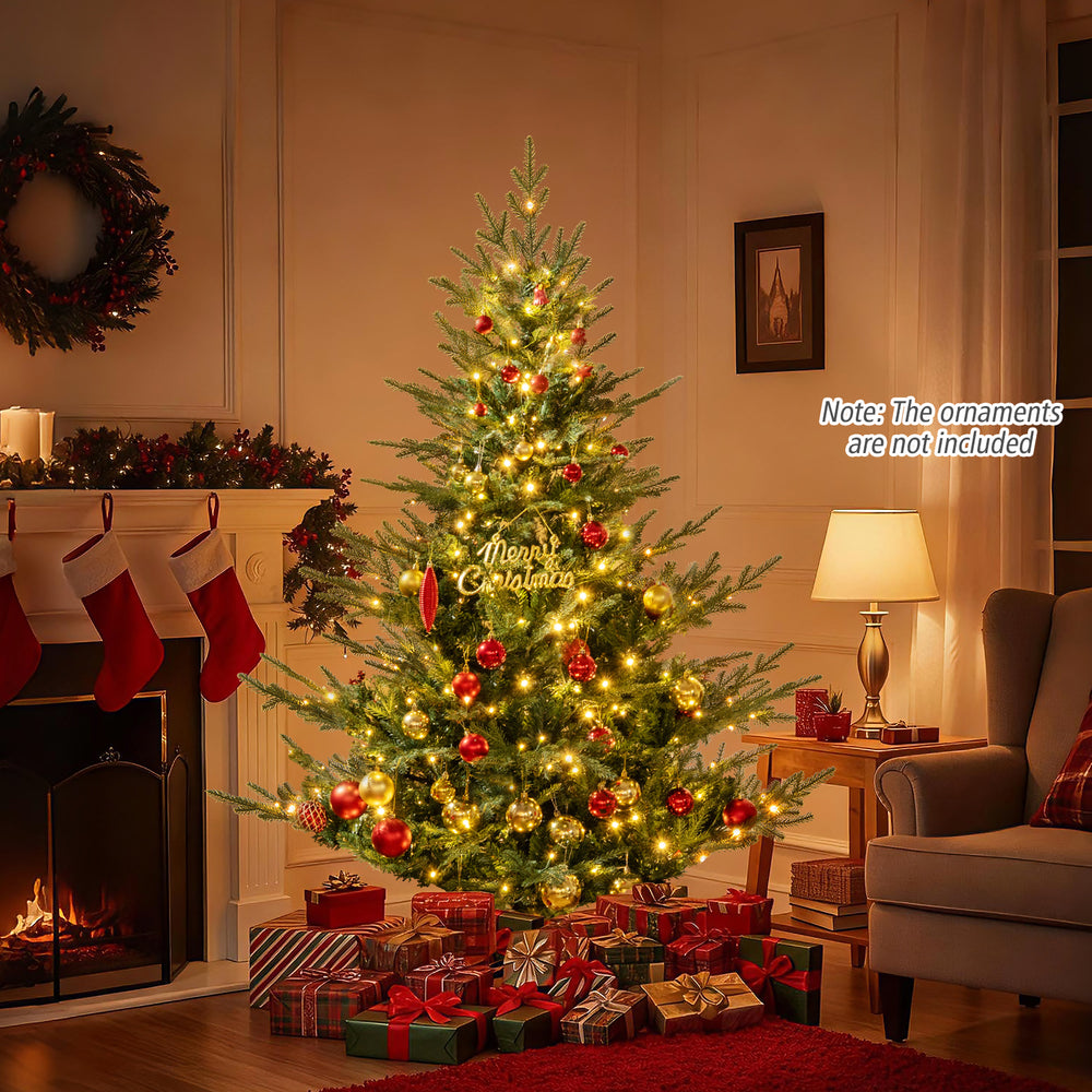 6-foot artificial Christmas tree with warm white LED lights, featuring realistic branch tips and a festive holiday.