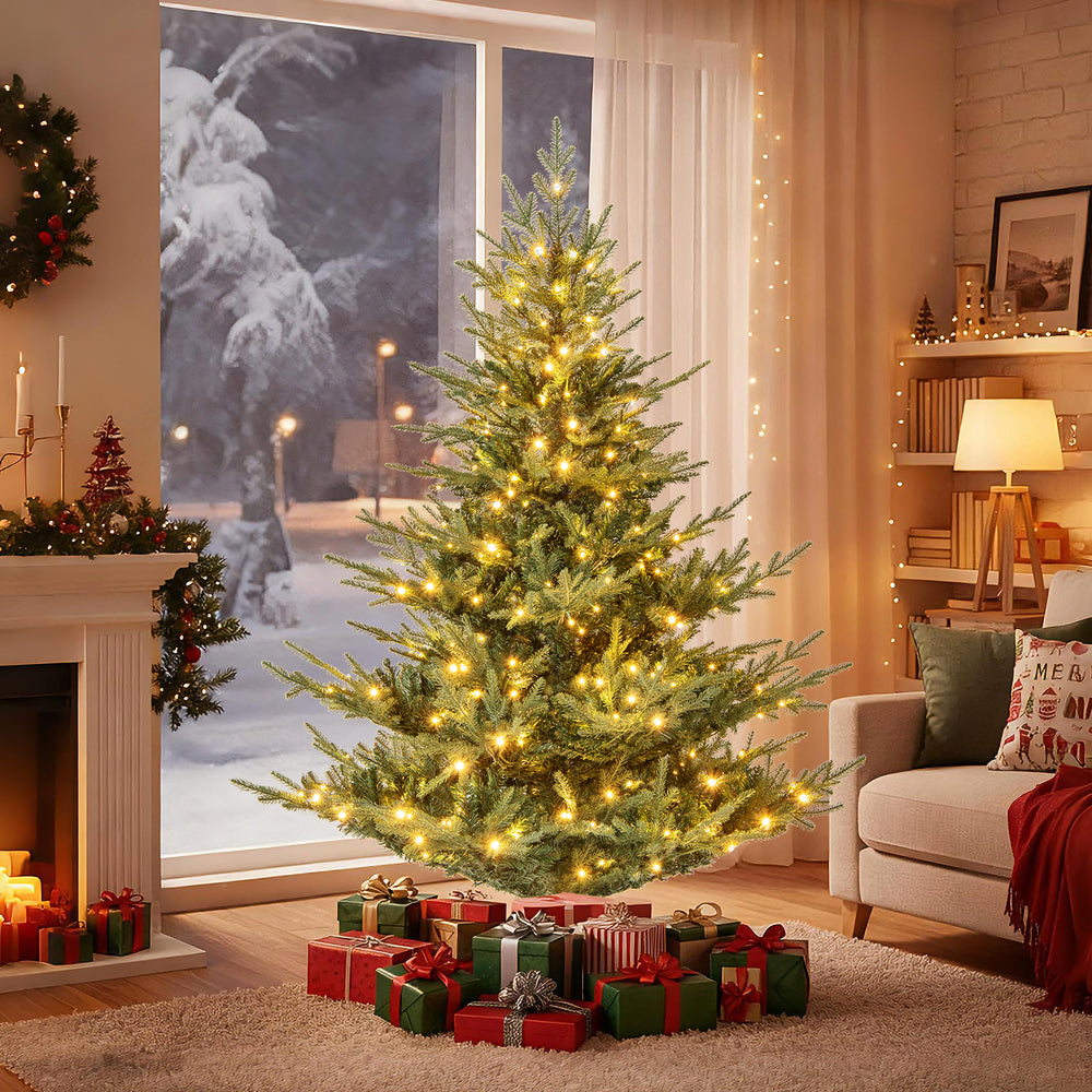 6-foot artificial Christmas tree with warm white LED lights, featuring realistic branch tips and festive decorations.