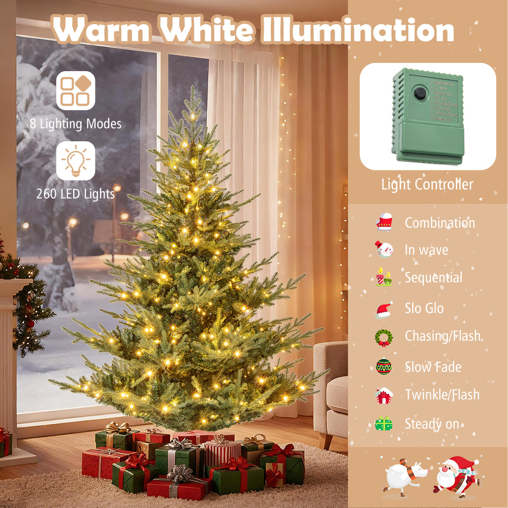 6-foot artificial Christmas tree with 260 warm white LED lights, featuring 8 lighting modes for festive decoration.