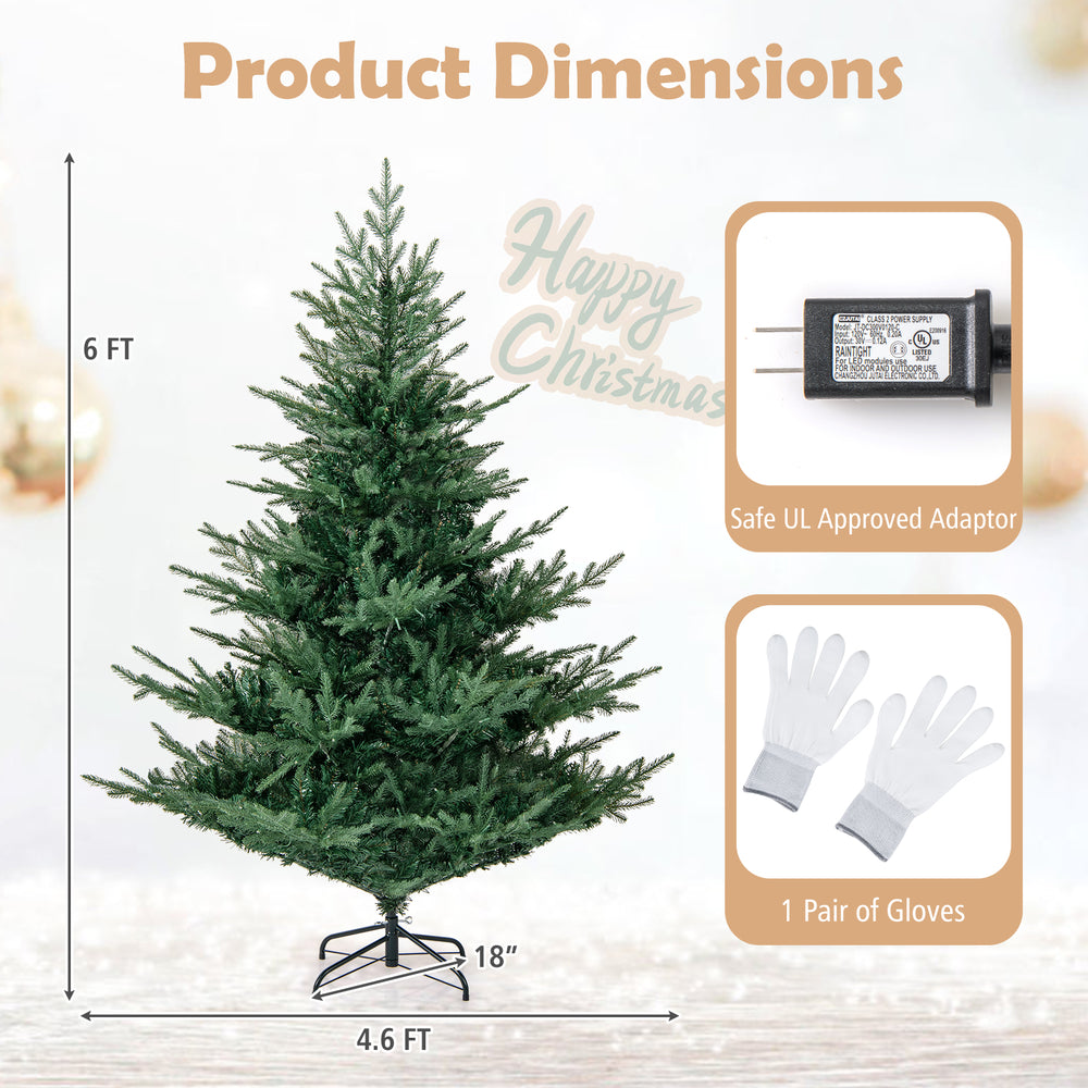 6-foot artificial Christmas tree with 830 branch tips, warm white LED lights, and included gloves for easy assembly.