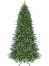 Artificial 7' Christmas tree with LED lights and pine cones, featuring hinged branches for easy setup and a sturdy metal base.