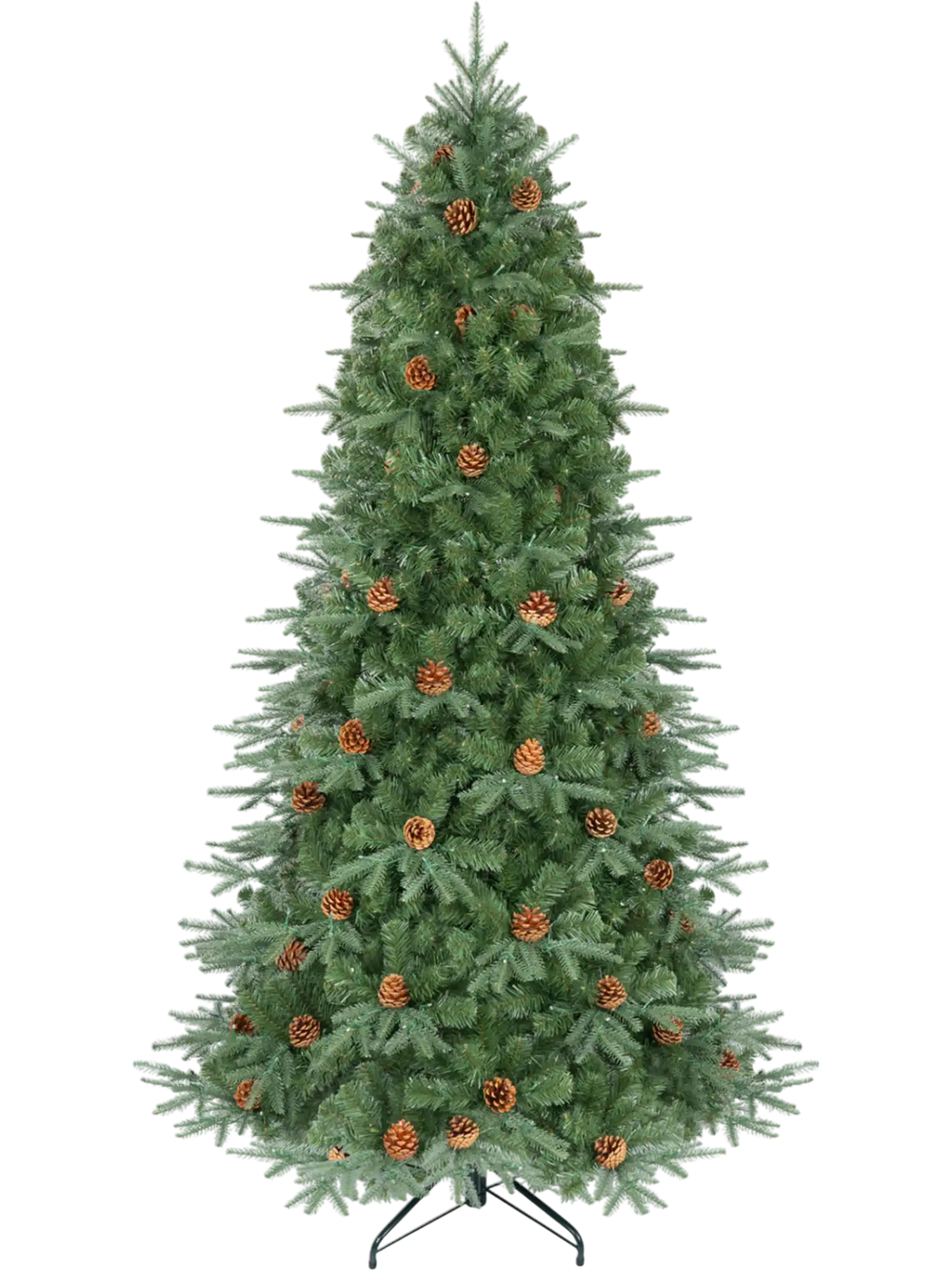 Artificial 7' Christmas tree with LED lights and pine cones, featuring hinged branches for easy setup and a sturdy metal base.