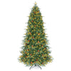 7-foot artificial Christmas tree with LED lights and pine cones, featuring hinged branches for easy setup and a sturdy metal base.