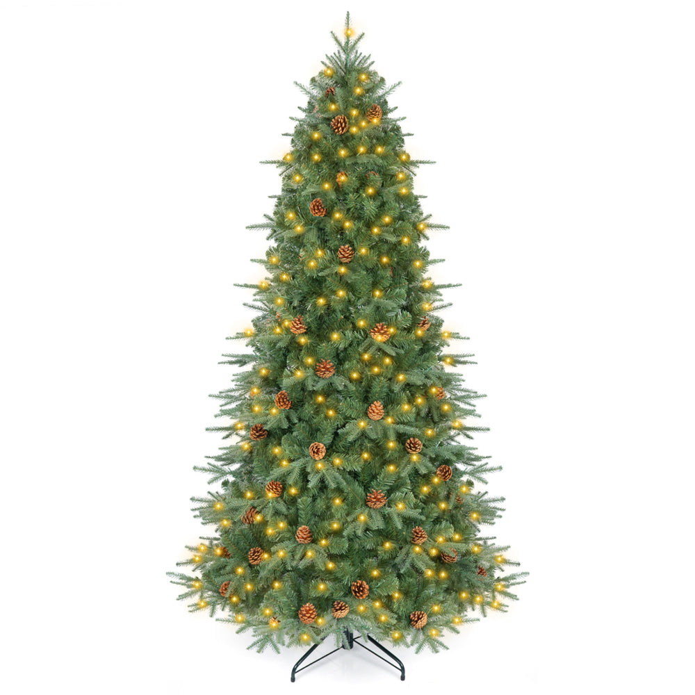 7-foot artificial Christmas tree with LED lights and pine cones, featuring hinged branches for easy setup and a sturdy metal base.