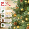 Artificial Christmas tree with 925 full branch tips, LED lights, and pine cones, perfect for festive indoor decoration.