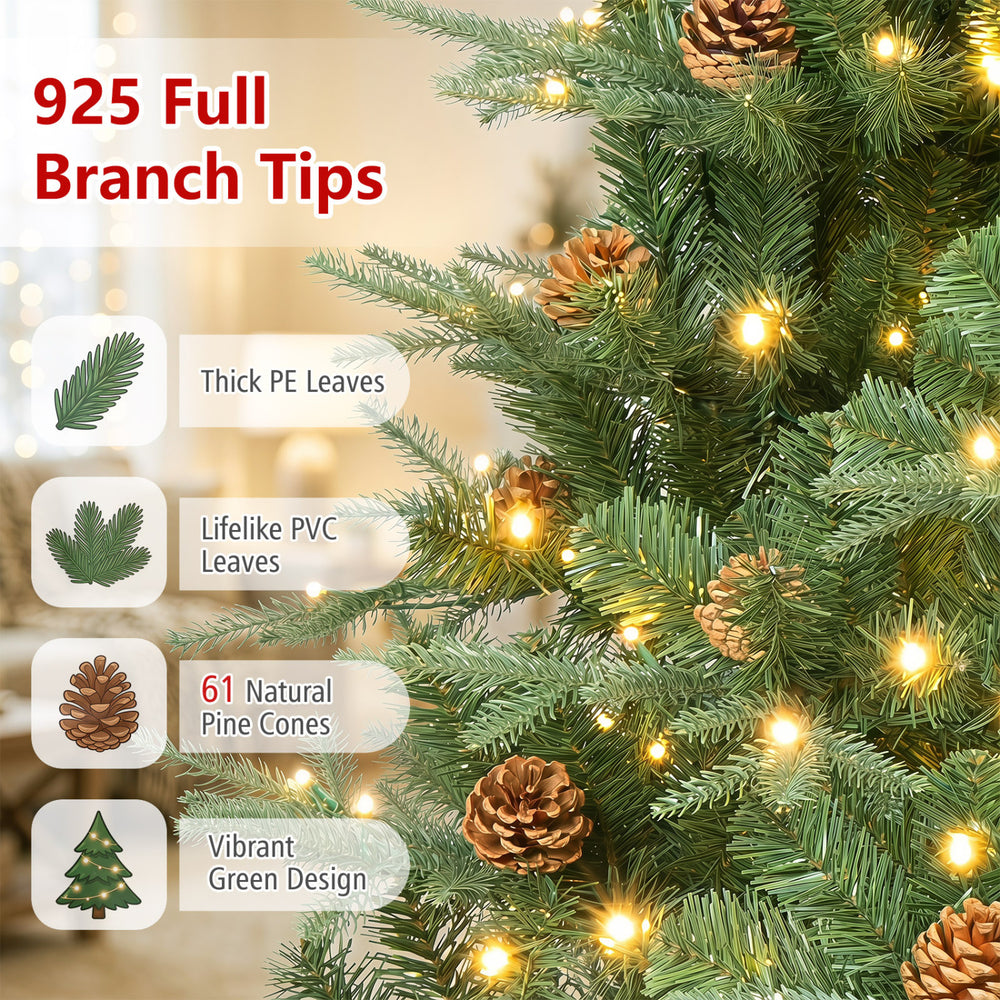 Artificial Christmas tree with 925 full branch tips, LED lights, and pine cones, perfect for festive indoor decoration.