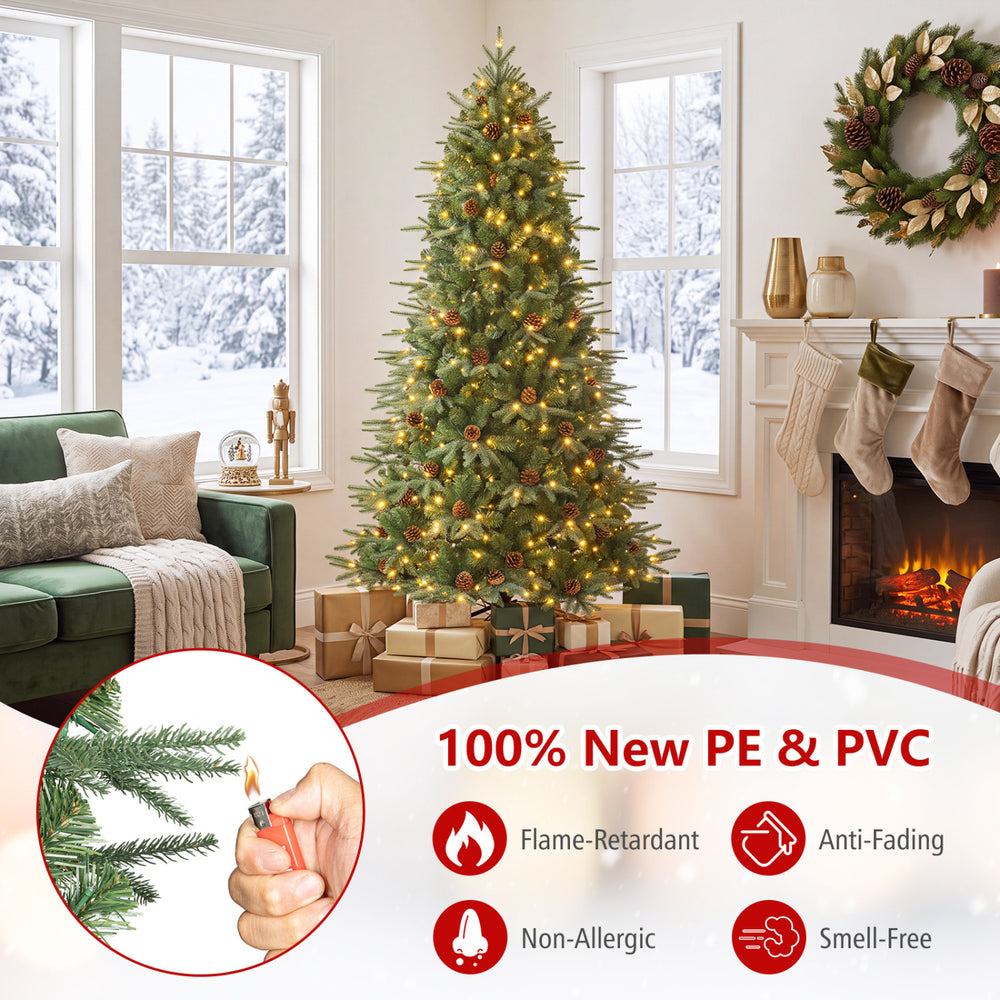 Artificial Christmas tree with LED lights, pine cones, and hinged branches for easy setup, perfect for indoor holiday decoration.