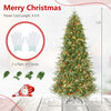 7-foot artificial Christmas tree with LED lights, pine cones, and hinged branches for easy setup and festive decoration.