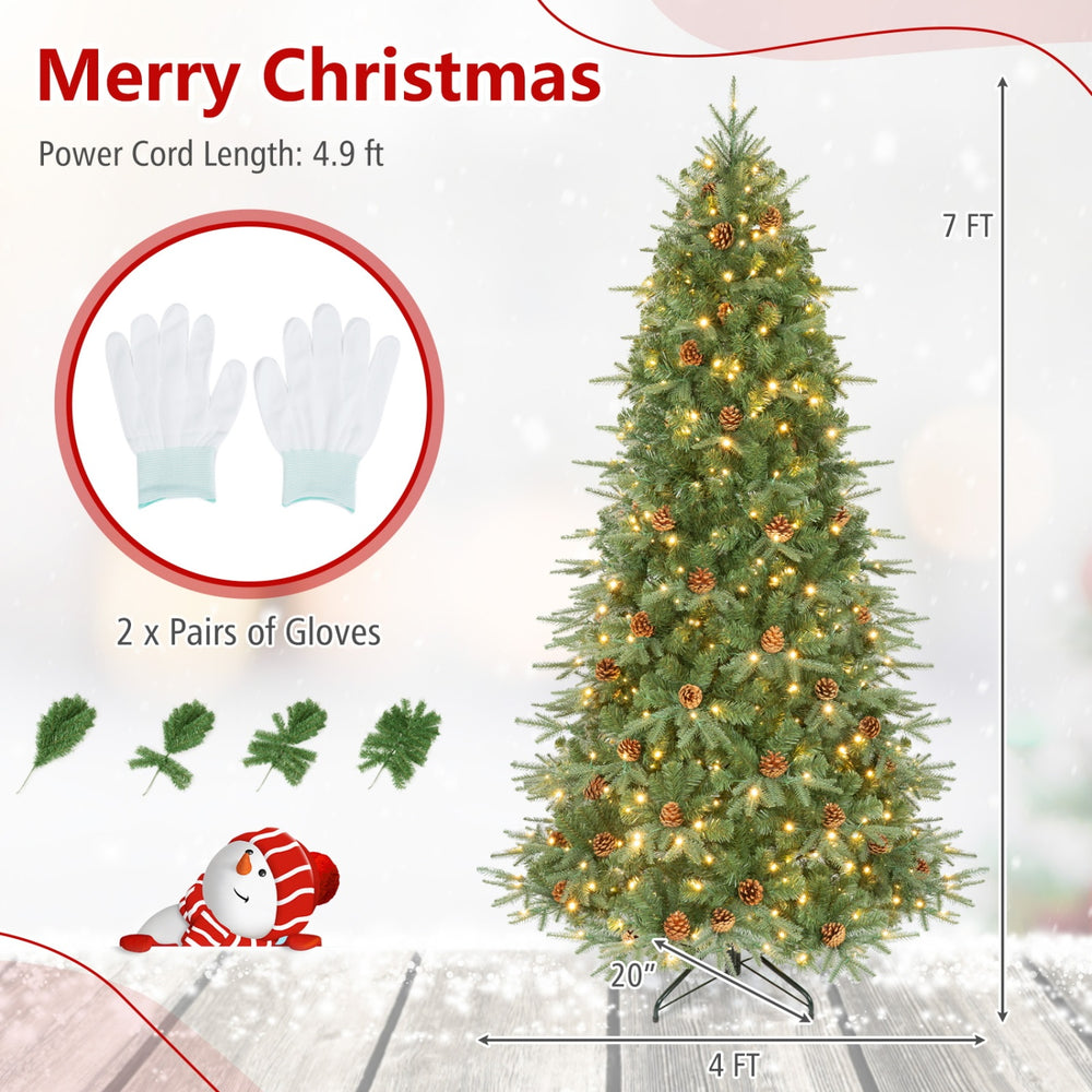 7-foot artificial Christmas tree with LED lights, pine cones, and hinged branches for easy setup and festive decoration.