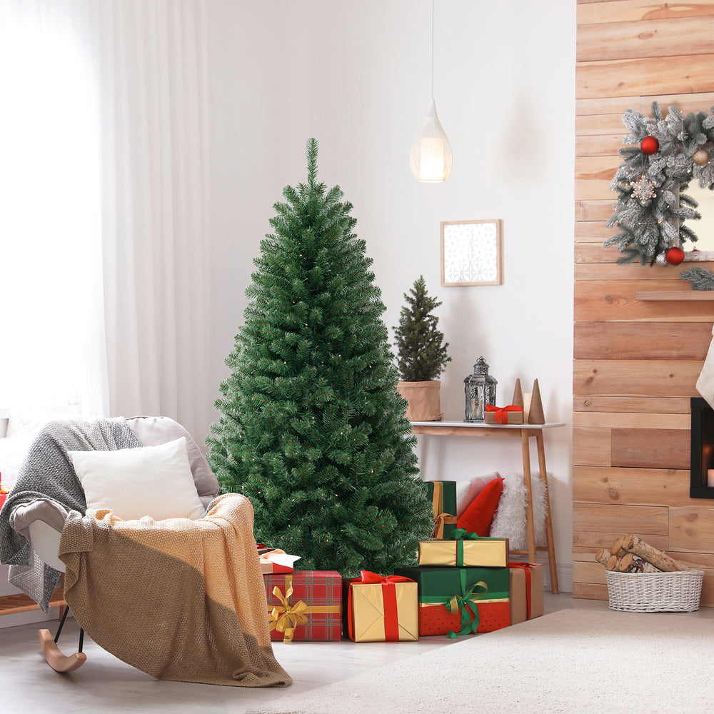 Full view of a 6 FT artificial Christmas tree with 400 warm white LED lights, surrounded by colorful wrapped gifts.