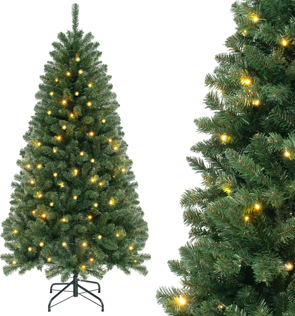 Artificial Christmas tree with warm white LED lights, featuring dense branch tips for a full shape, ideal for holiday.