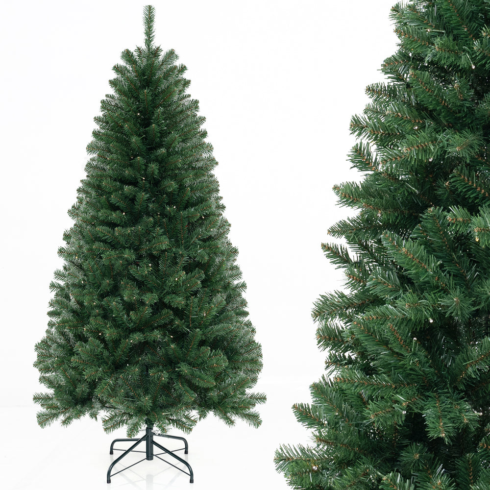 Full view of a 6/7/8 FT artificial Christmas tree with 568/830/1182 branch tips and warm white LED lights for festive.