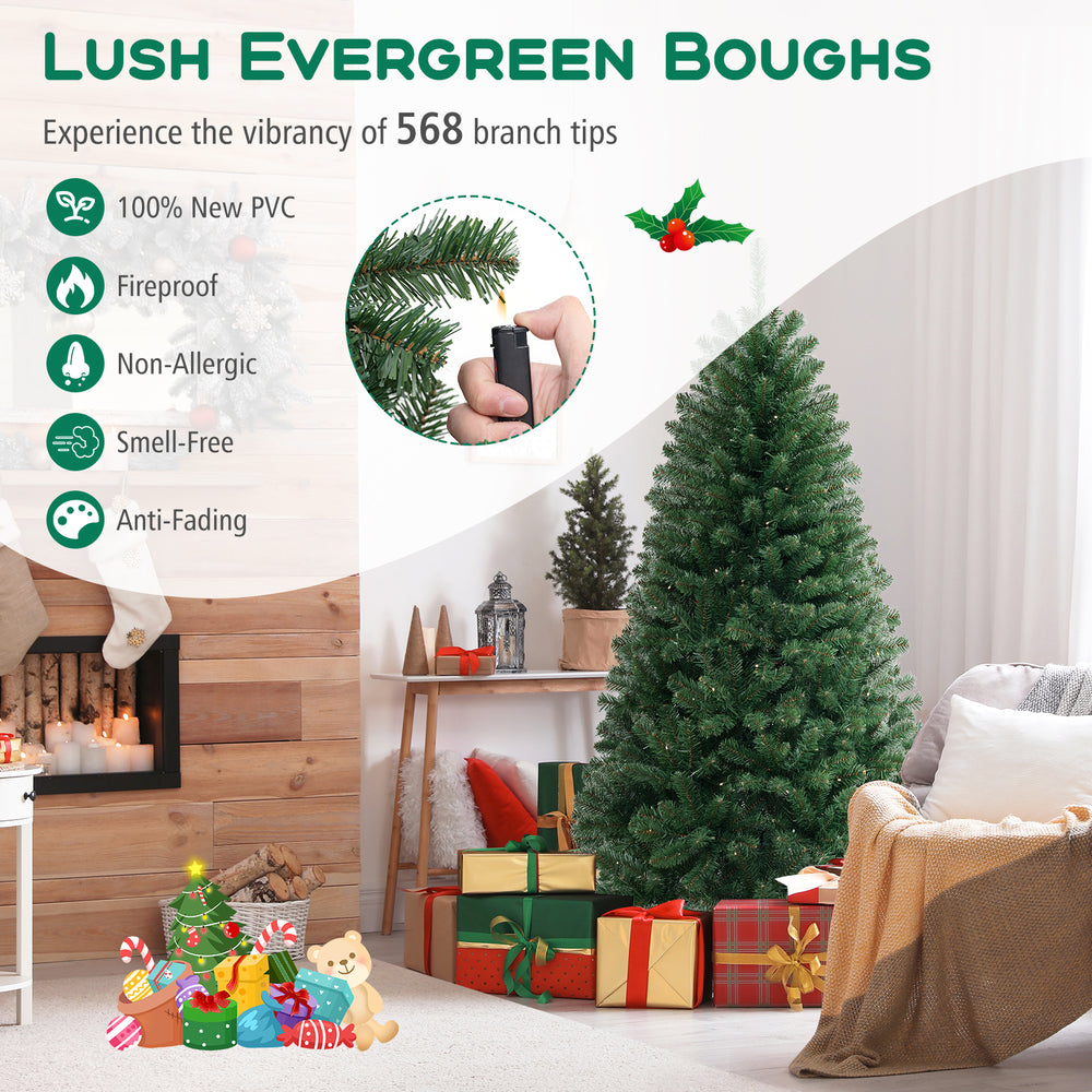 Lush 6 FT artificial Christmas tree with 568 branch tips and 200 warm white LED lights, perfect for holiday decor.