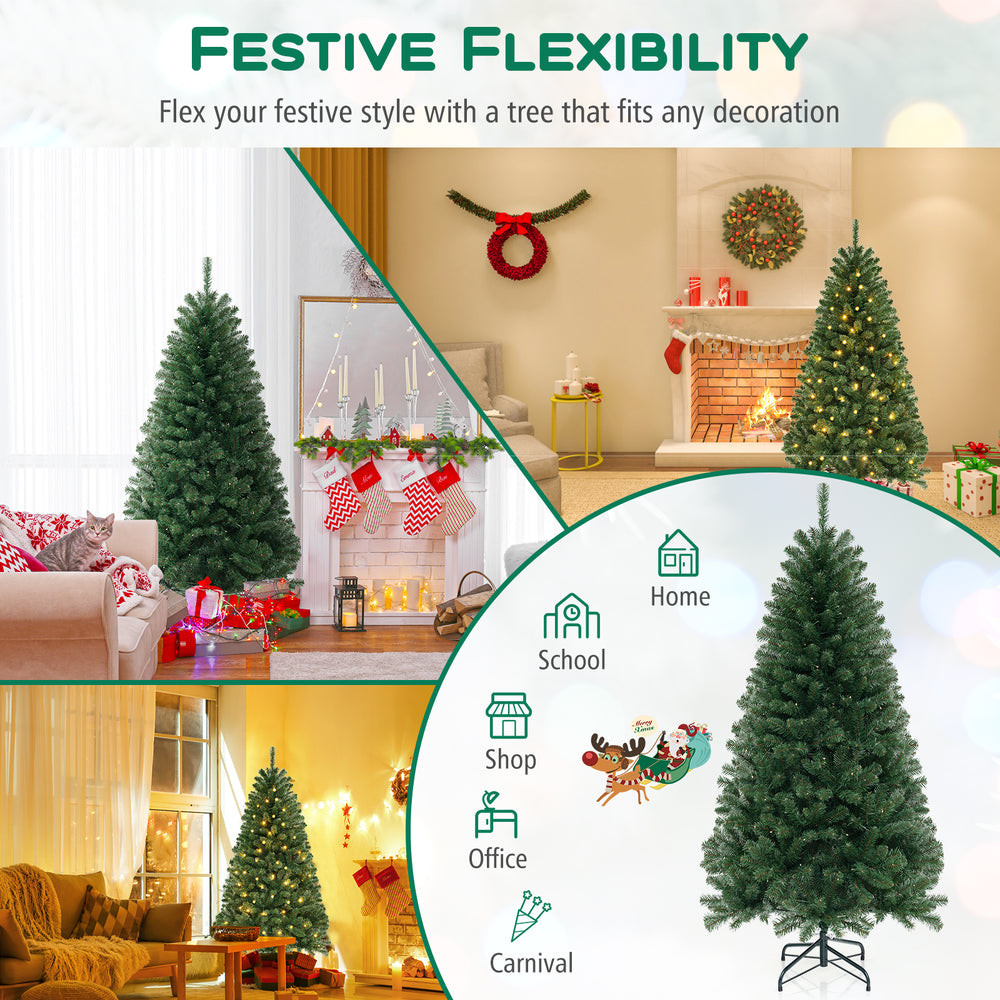6/7/8 FT artificial Christmas tree with warm white LED lights, perfect for home, office, or festive decorations.
