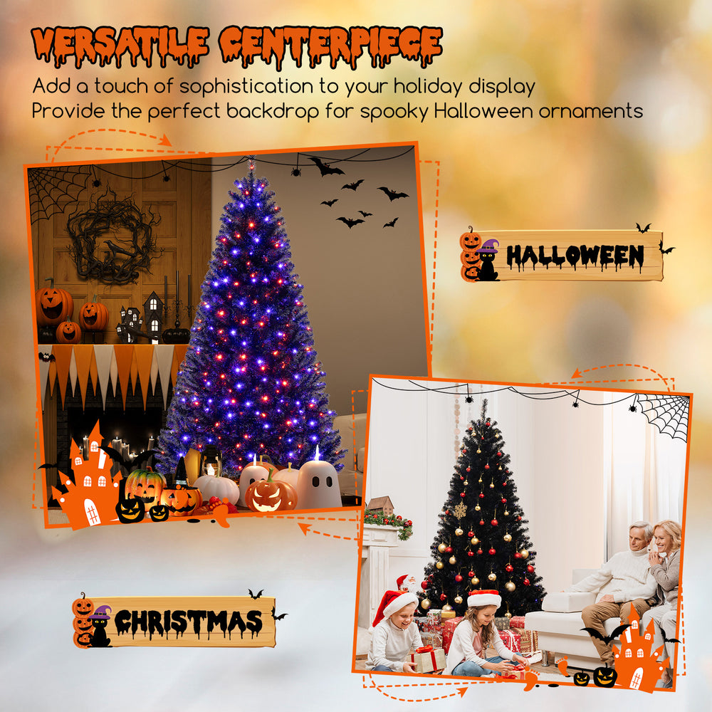 7 ft artificial Christmas tree with black leaves, orange and purple lighting, perfect for Halloween and Christmas.