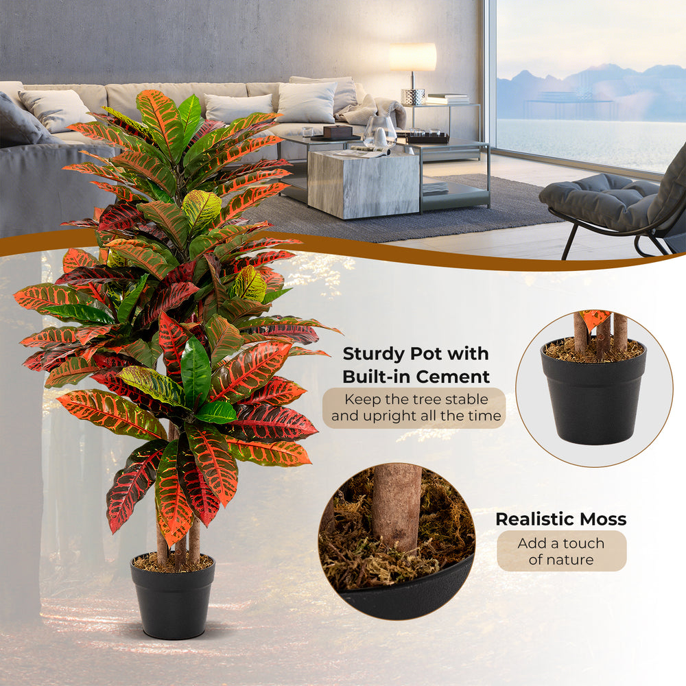 Artificial 40-inch tall croton plant with colorful variegated leaves in a sturdy pot, perfect for indoor decor.
