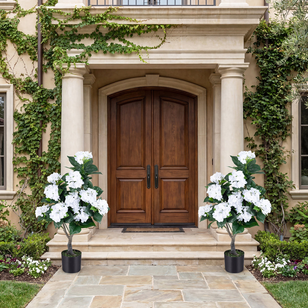 Artificial hydrangea tree with 11 white flowers and 88 leaves, perfect for enhancing entryway decor without maintenance.