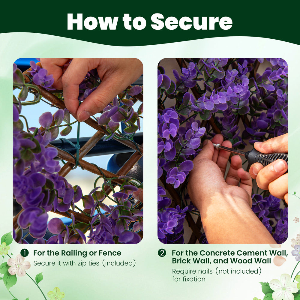 Securing the decorative faux purple eucalyptus fencing panel with zip ties for easy installation on a railing or fence.