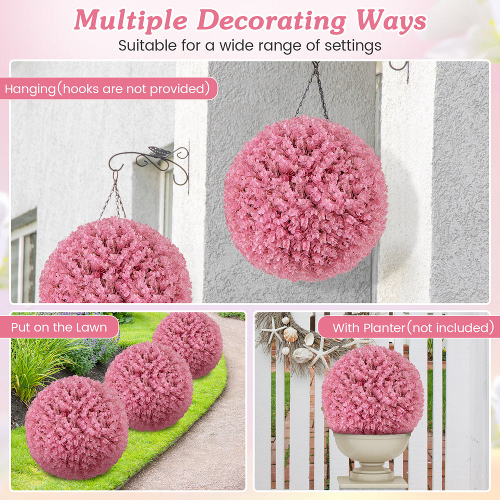 Faux pink eucalyptus decorative ball with 7 layers of leaves, ideal for garden, porch, or wedding decor.