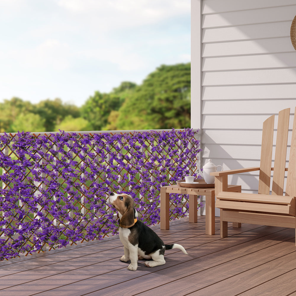 Decorative faux purple eucalyptus fencing panel with real willow frame, enhancing balcony aesthetics while providing.
