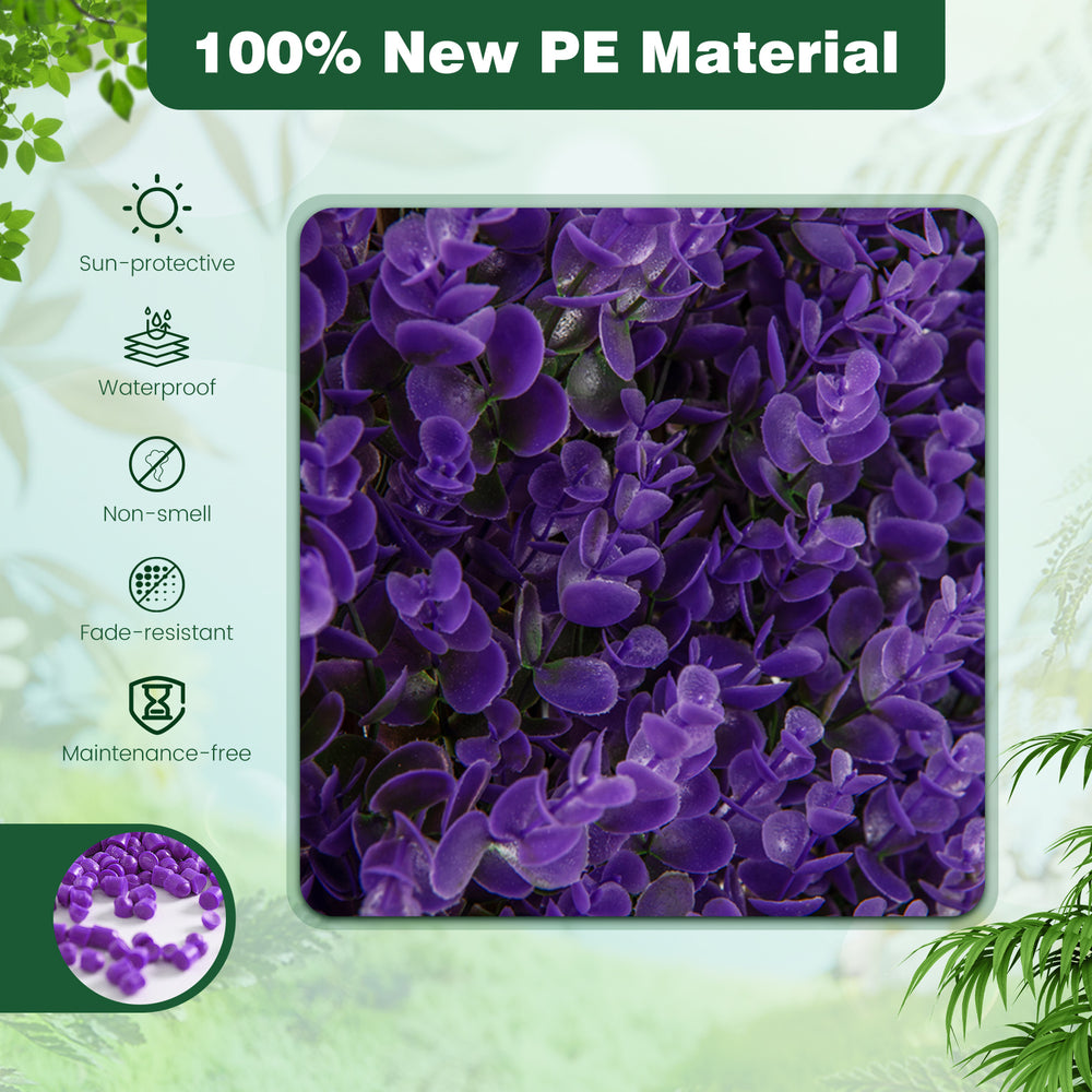 Close-up of decorative faux purple eucalyptus leaves on a real willow frame, ideal for balcony patio privacy screens.