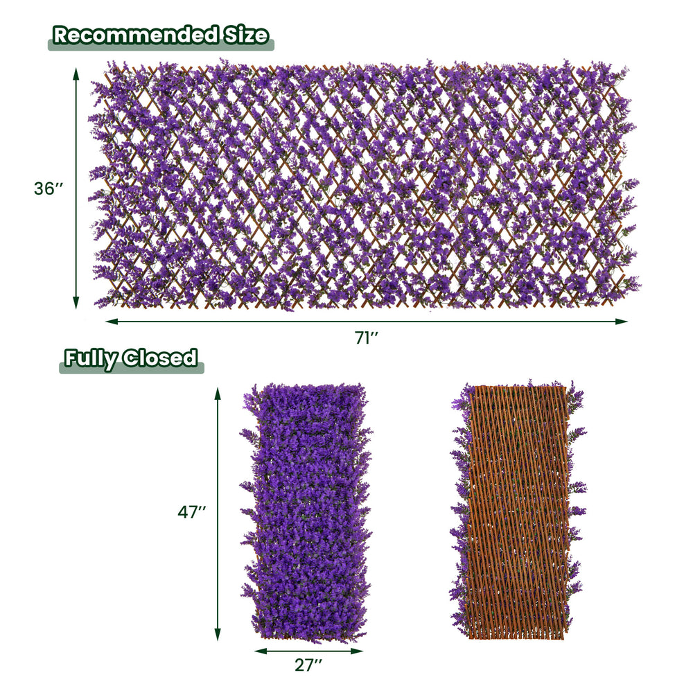 Dimension chart of decorative faux purple eucalyptus fencing panel with real willow frame for flexible size adjustments.