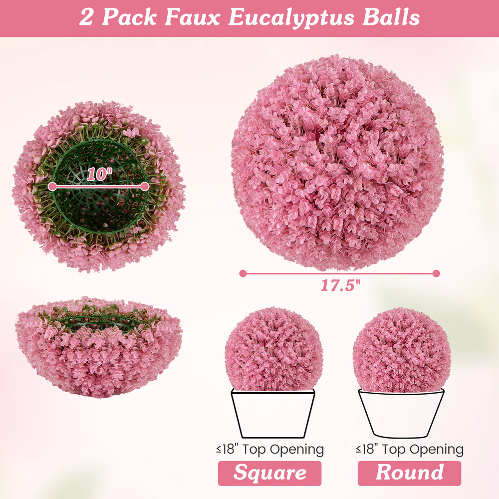 Faux pink eucalyptus decorative ball with 7 layers of leaves, 17.5 inches, ideal for garden and wedding decor.