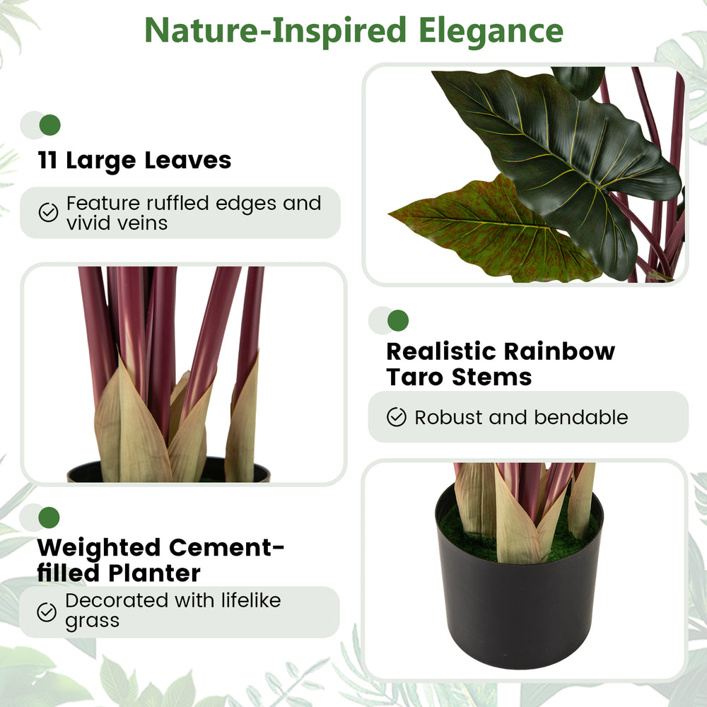 Close-up of the weighted cement-filled planter of the 63" Artificial Rainbow Taro Tree with realistic lifelike grass.