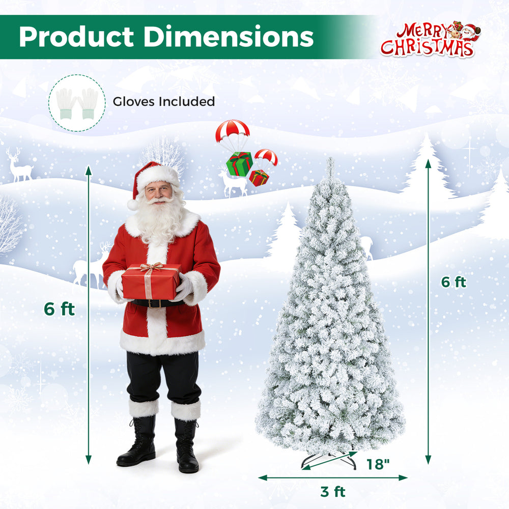 Artificial snow-flocked Christmas tree stands 6 ft tall with 1498 branch tips, perfect for indoor holiday decoration.