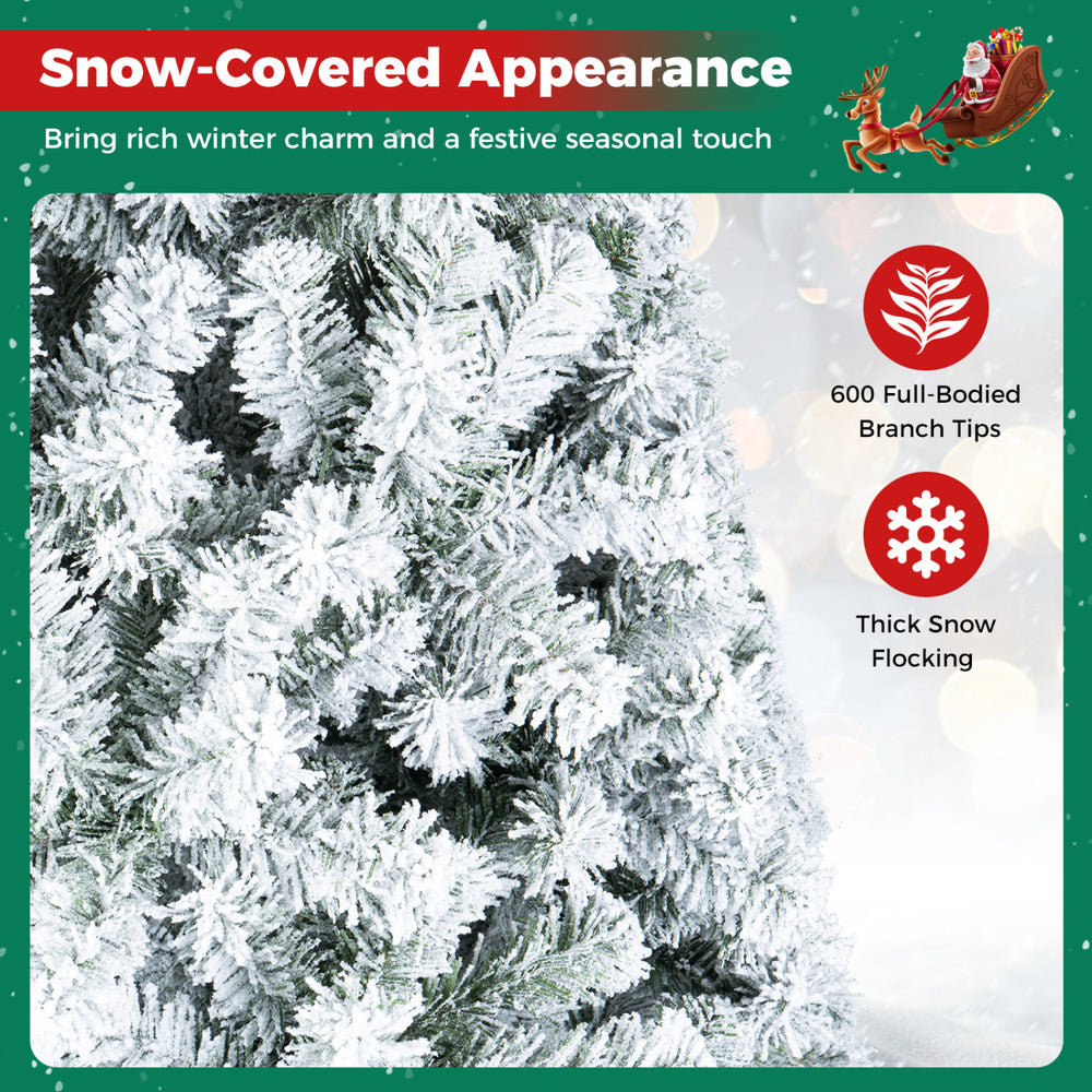 Snow-flocked 6 ft artificial Christmas tree with 600 branch tips for a full appearance, perfect for indoor holiday decor.