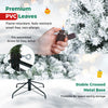 Artificial snow-flocked Christmas tree with 600 branch tips, foldable metal base, and flame-retardant PVC leaves for indoor use.