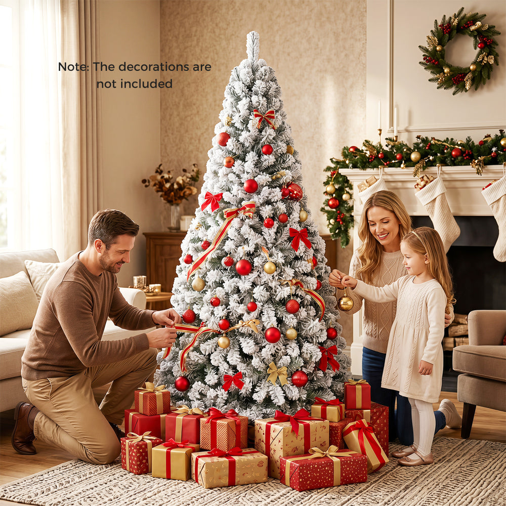 Artificial snow-flocked Christmas tree with 1498 branch tips, perfect for indoor holiday decoration and festive gatherings.