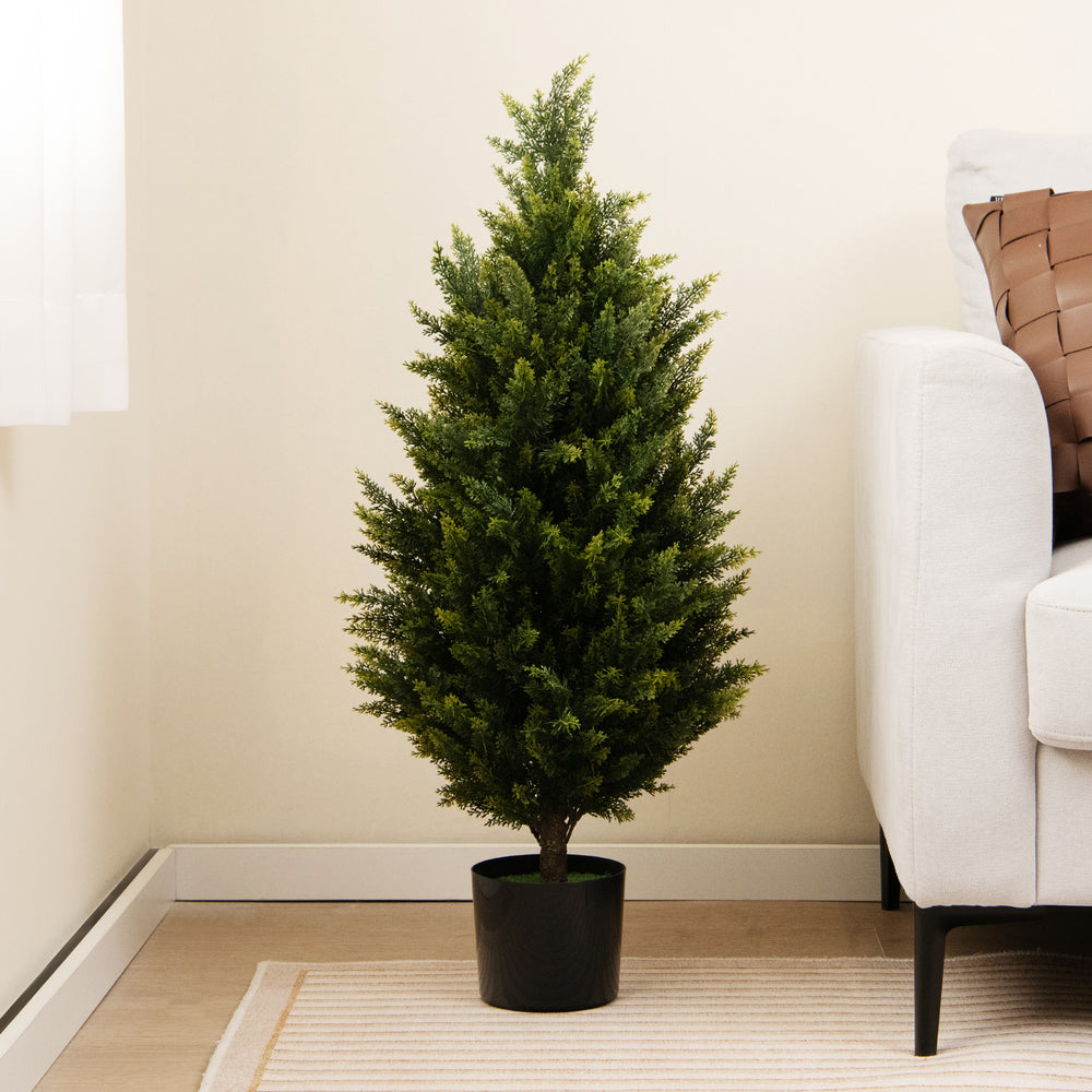 3 feet artificial topiary cedar tree in a black pot, featuring vibrant cypress leaves and faux moss for home decor.