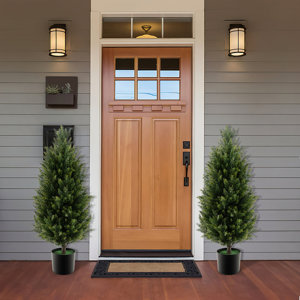 3 feet artificial topiary cedar tree in a cement plastic pot, featuring vibrant faux leaves for easy outdoor decor.