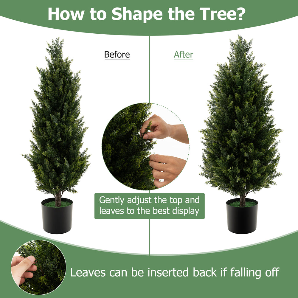 3 Feet artificial topiary cedar tree with dense cypress leaves and cement pot, ideal for vibrant home decor.