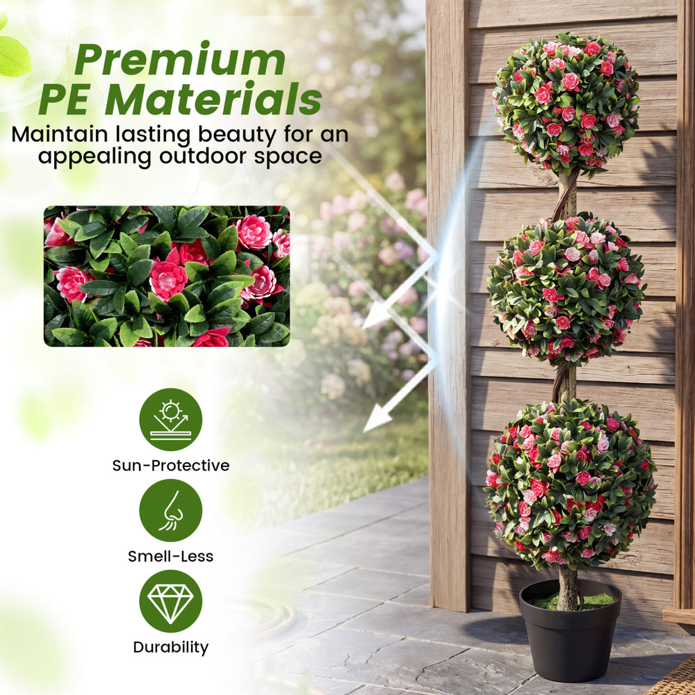 Artificial triple ball rose topiary tree with lifelike blooms, premium PE materials, perfect for outdoor decoration.