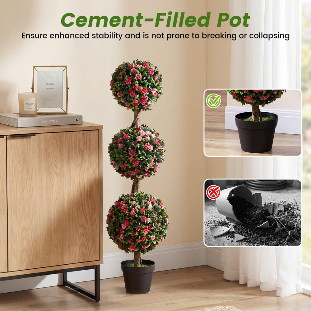 Artificial triple ball rose topiary tree in a cement-filled pot, perfect for indoor and outdoor decoration.