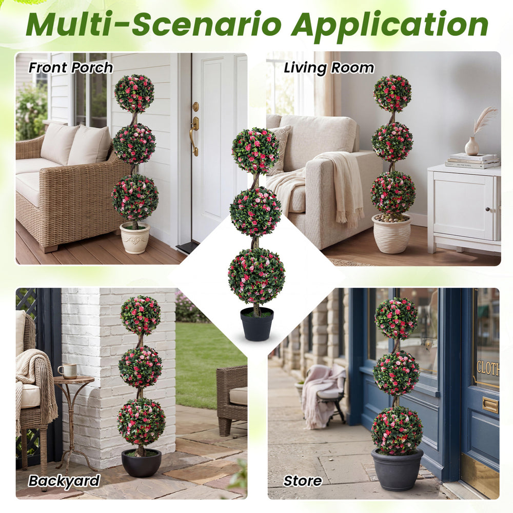 Artificial triple ball rose topiary tree with lifelike blooms in a cement-filled pot, perfect for indoor and outdoor.
