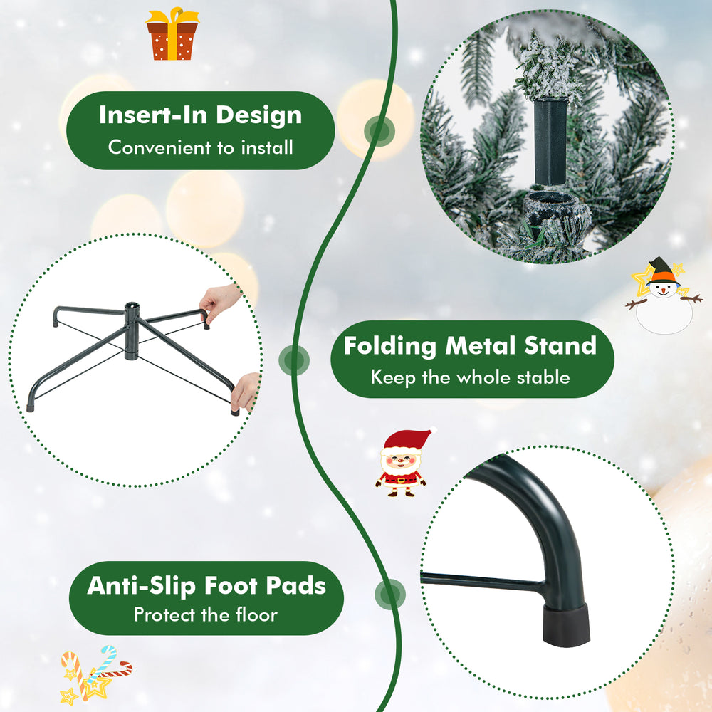 Folding metal stand with anti-slip foot pads for stability, designed for 6 ft flocked Christmas tree installation.