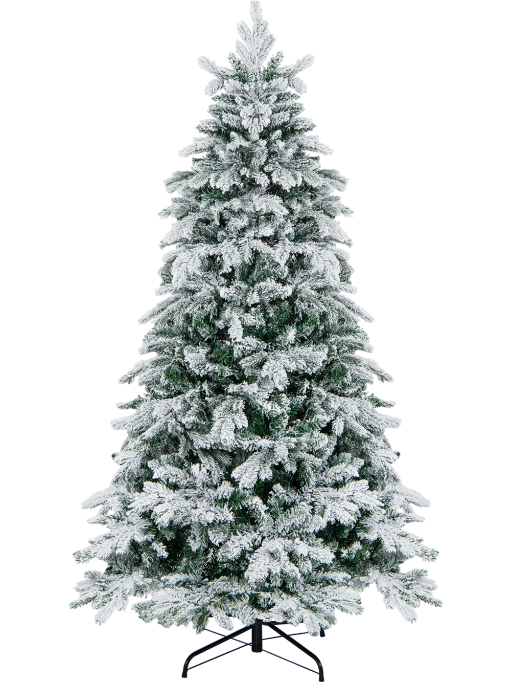 6-foot flocked Christmas tree with warm white LED lights, featuring lush branch tips and a stable metal stand.