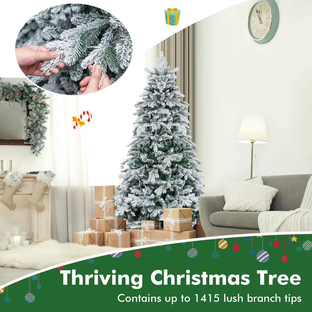 6-foot flocked Christmas tree with warm white LED lights and 1415 branch tips, perfect for festive home decoration.