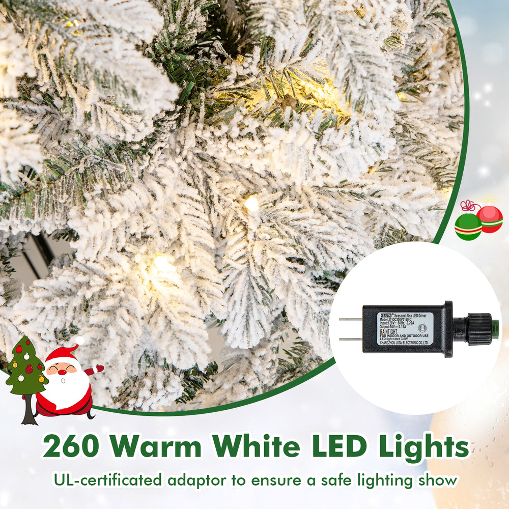 Flocked Christmas tree with 260 warm white LED lights, featuring a UL-certified adaptor for safe lighting.