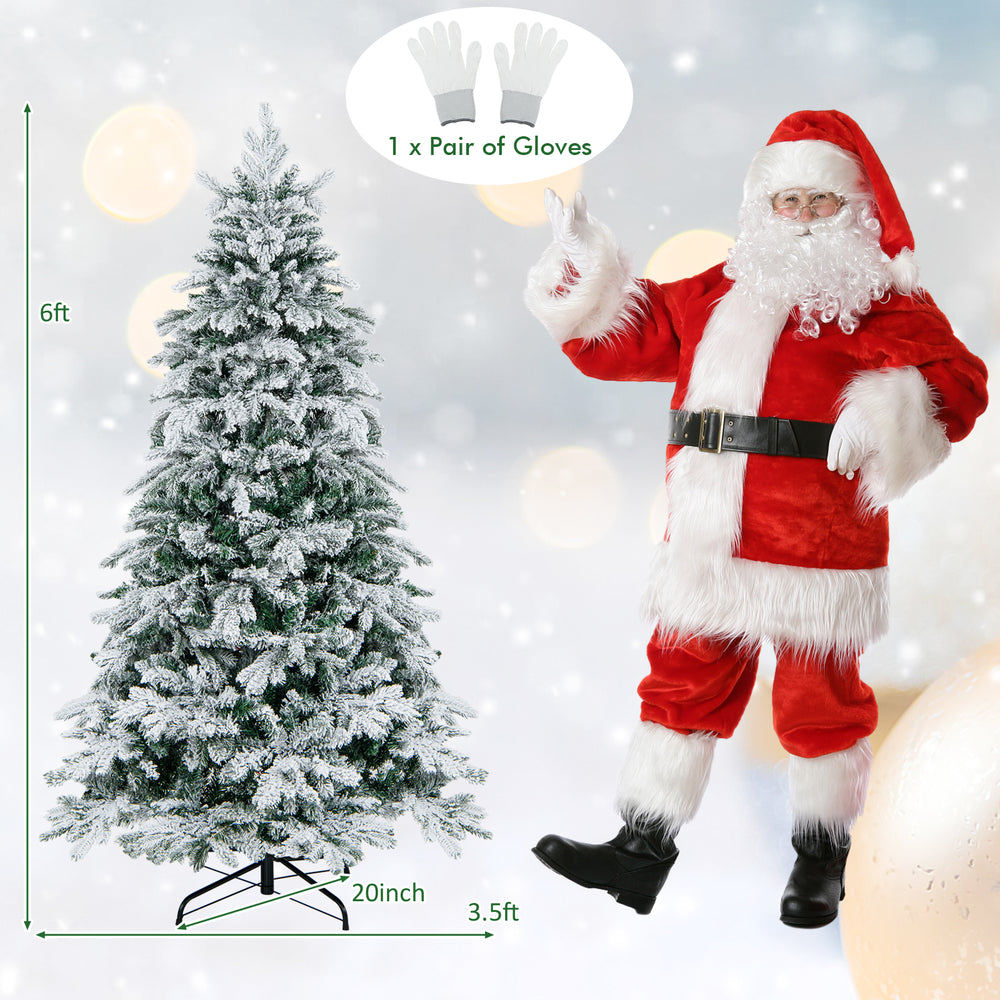 6 ft flocked Christmas tree with warm white LED lights, featuring lush branch tips and a stable metal stand for festive.