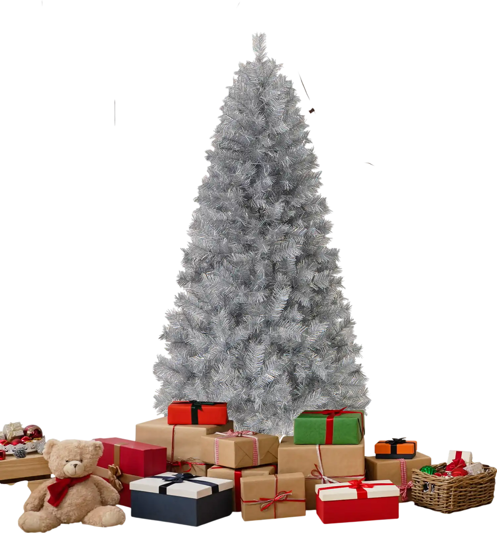 Silver artificial Xmas tree with 385 branch tips and warm white LED lights, perfect for festive holiday decorations.